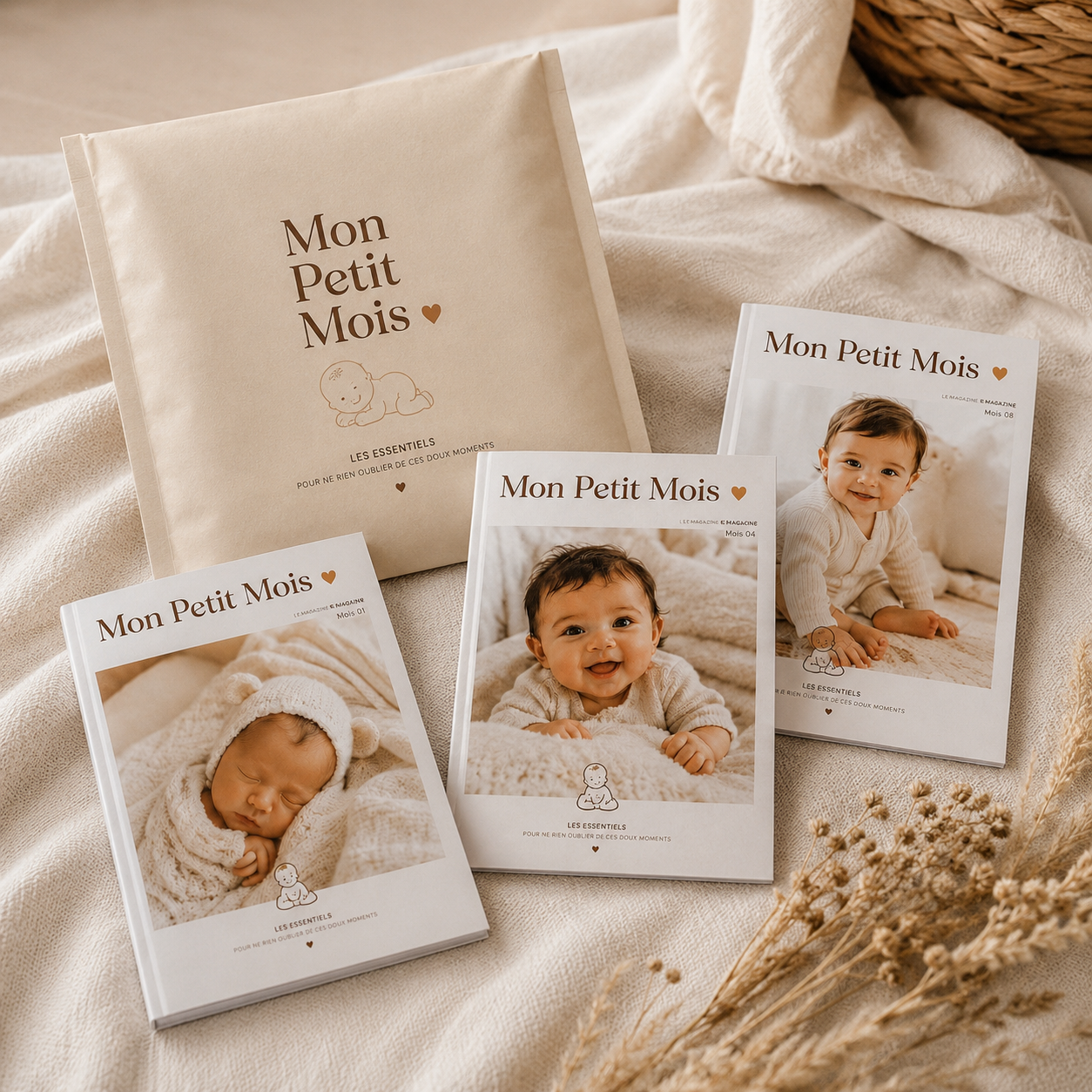 Pochette Mon Petit Mois et trois magazines mensuels posés sur un plaid