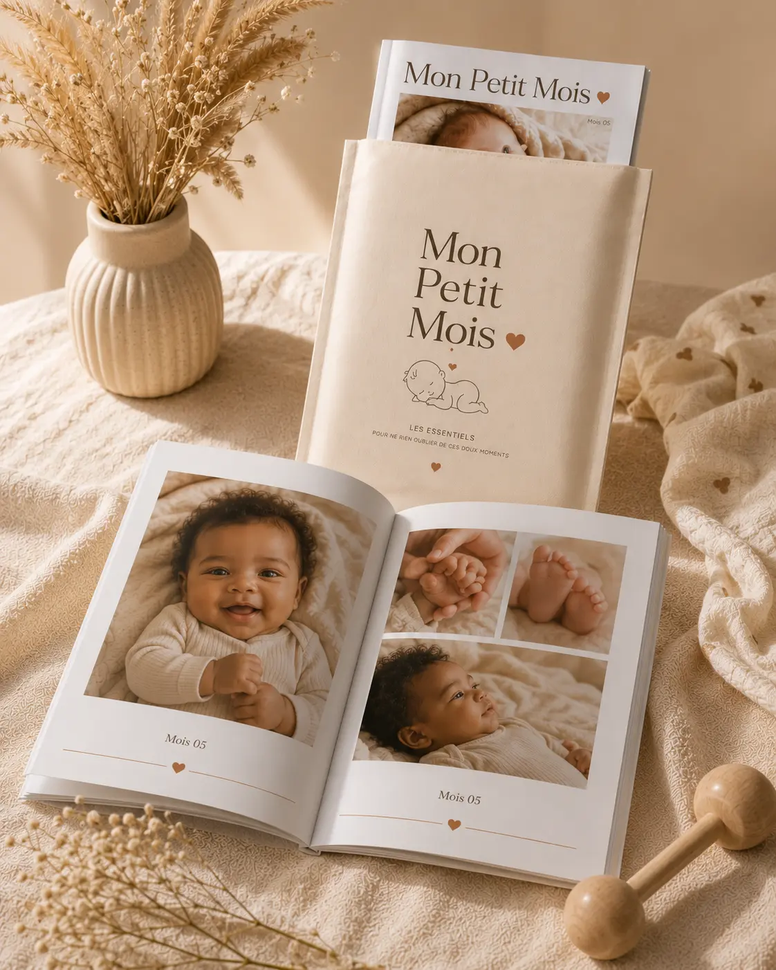 Magazine Mon Petit Mois ouvert sur une double page de photos de bébé